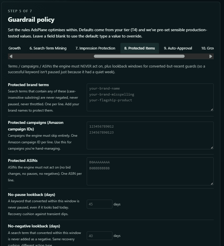 AdsPlane — the Guardrail Policy: protected items and lookback windows