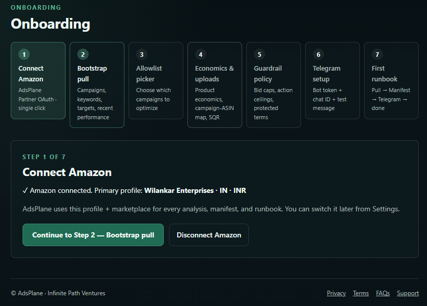 Connecting an Amazon Ads account in the AdsPlane dashboard